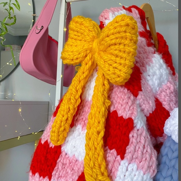 Handmade Gingham Oversized Cardigan, Crop Colossal Knit with Ribbon Details - Picture 3 of 14